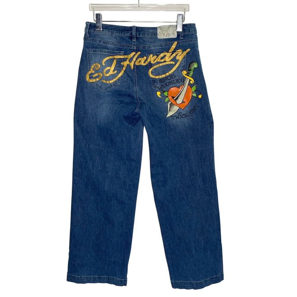 Ed Hardy Dagger Heart Wide Leg Jeans 32 Tattoo Embroidered Graphic Y2K *flaw